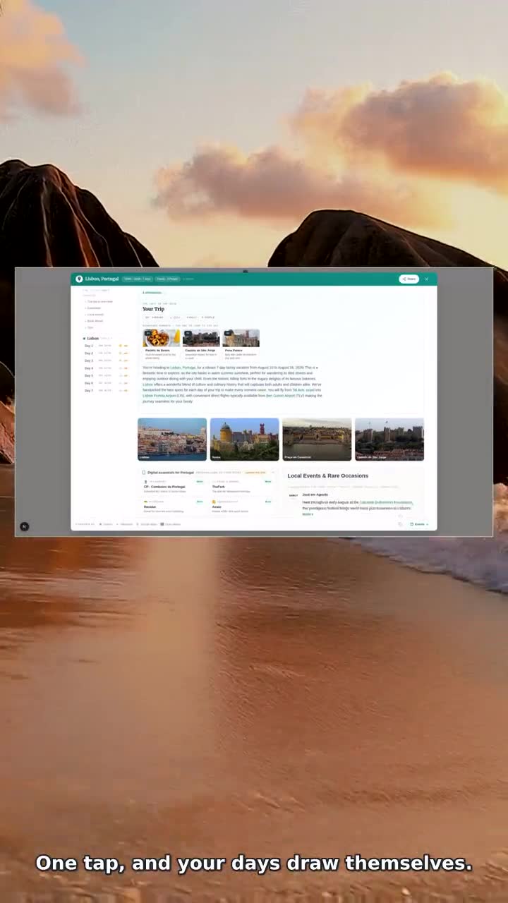 A frame from the film: a real Takrita trip on screen — its days, photos and local events — above a Seychelles shore at golden hour